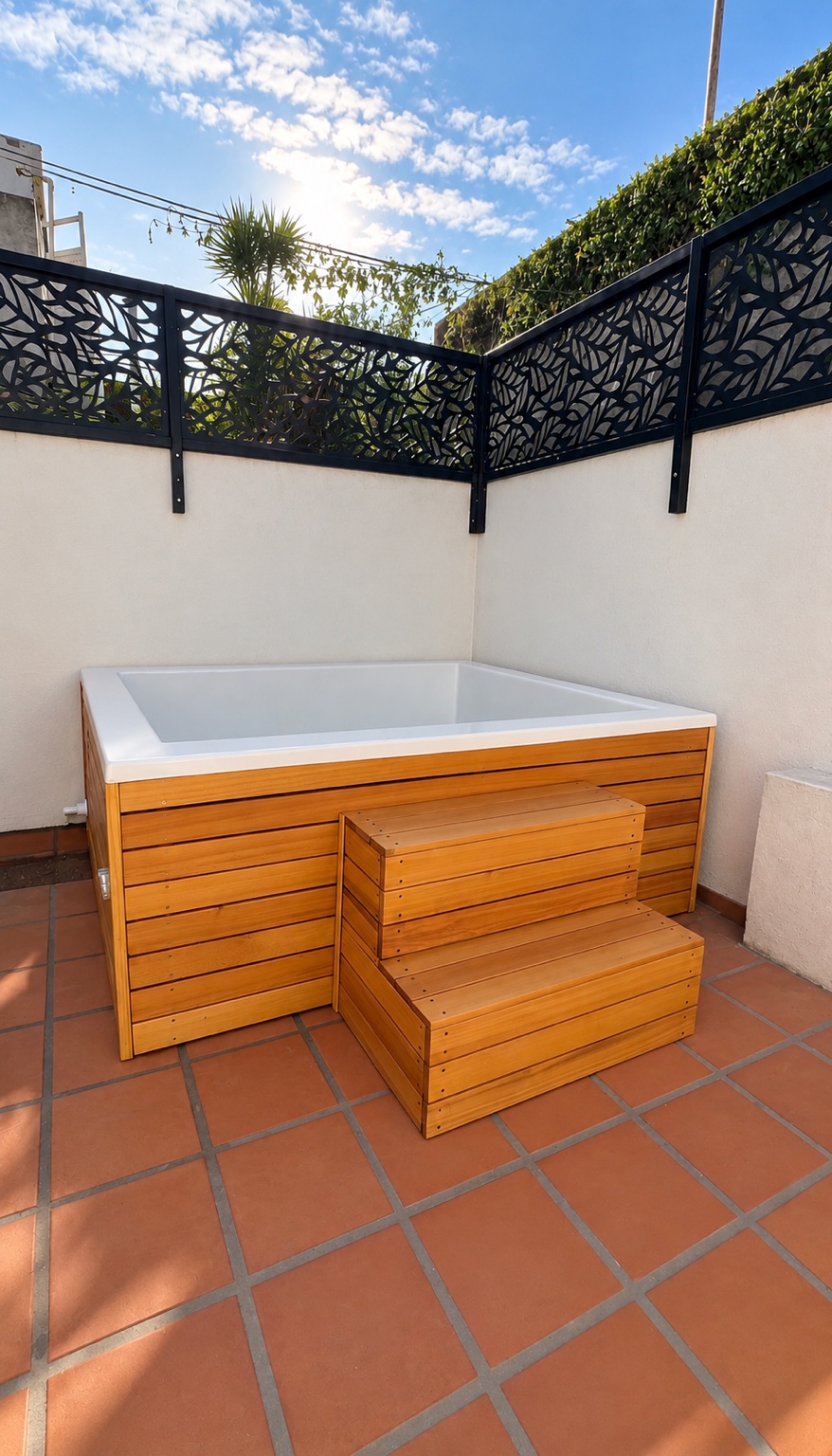Piscina Oasis 215 instalada con deck de madera en una terraza